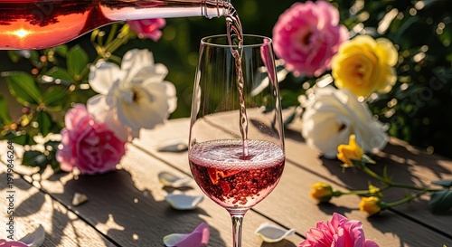 Wine being poured into glass with roses on table against a soft background
