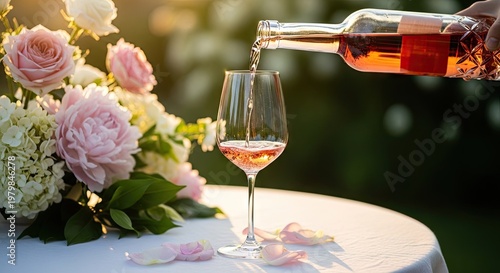 Wine pouring into a glass at an outdoor celebration with floral arrangement