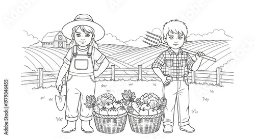 Young farmers standing with harvest baskets near a field and barn