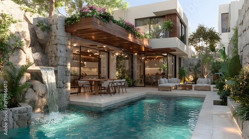 Designer villa plan with open courtyard and water feature