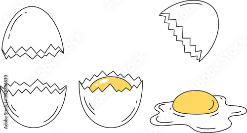 Egg shell cracked stages yolk cooking breakfast food set Vector Illustration