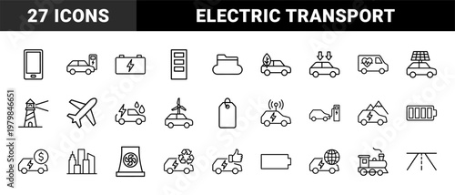 Electric vehicle charging and green energy minimalist outline icon set