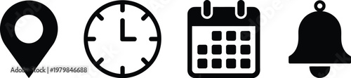 location time calendar and notification bell icons set representing scheduling navigation and alert system with pin clock date and bell symbols