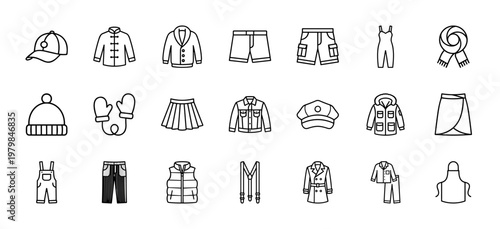 Minimalist clothing and fashion outfit line icon set