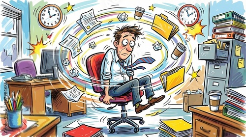 The overwhelming chaos of office work, deadlines, and the daily grind can leave anyone feeling dizzy and stressed, surrounded by scattered papers and ticking clocks