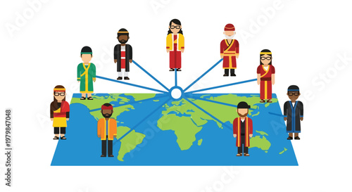 A flat vector illustration depicting diverse people across the globe connected by blue lines to a single central point, representing global unity.