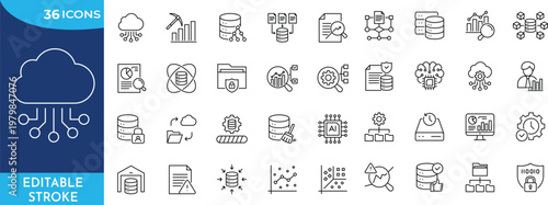 Data Driven 36 icon set. Containing algorithm, big data, analysis, analytics, data mining, machine learning, ai, visualization, database, predictive, and more. Editable stroke.