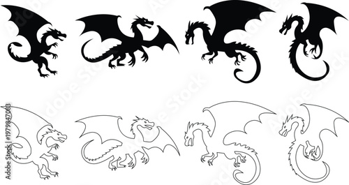 dragon icon set, vector brushstroke watercolor tribal tattoo oriental calligraphy kit. Abstract snake silhouette stains, vintage zodiac traditional painting, abstract design elements, banner clipart