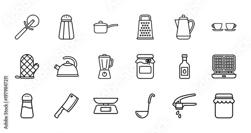 Minimalist kitchen utensils and cooking equipment line icon set
