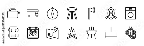 Minimalist camping and outdoor adventure thin line icon set