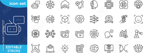 Artificial intelligence 36 icon set. Contain icons related to AI, machine learning, virtual assistant, generative AI, robotics, data science, technology, and more. Editable stroke.
