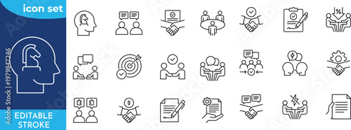 Negotiation 21 icon set. contain icons related to Negotiation, deal, discussing, bargain, offer, agreement, talk, contract, and more. Editable stroke.