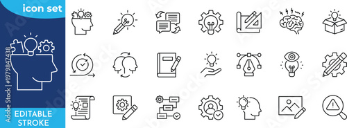 Design Thinking line editable 21 icon set. Contain icons related to design, thinking, ideation, brainstorm, creativity, prototype, innovation, research, and more. Editable stroke.
