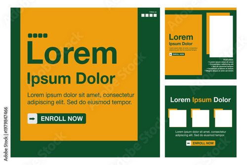 Three social media post templates with a green and yellow color scheme.