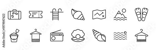 Minimalist nautical and cruise travel line icon set