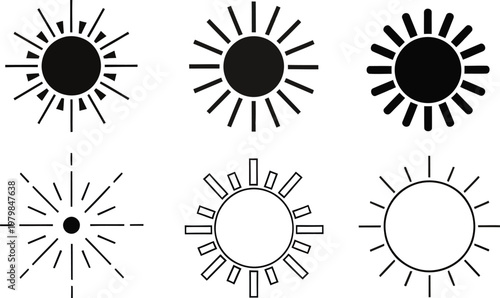 Sun icons minimal solid outline solar shapes set collection Vector Illustration