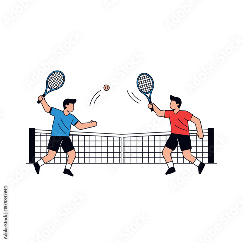 Two men playing tennis on a court, hitting a ball over the net, active lifestyle
