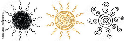 Abstract sun symbols handdrawn solar shapes decorative set Vector Illustration