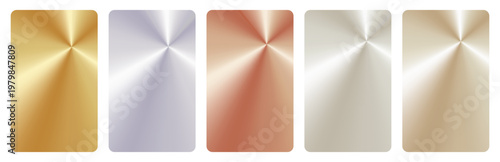 A collection of metallic radial gradients featuring glossy polished steel, gold,silver,mother-of-pearl and copper in circular textures.A card template with shiny vector backgrounds for modern branding