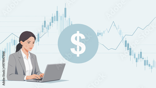 Businesswoman working on laptop with financial charts