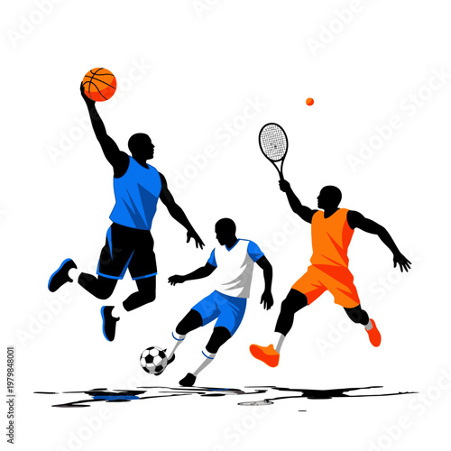 Athletes Playing Basketball, Soccer, and Tennis - Dynamic Sports Illustration
