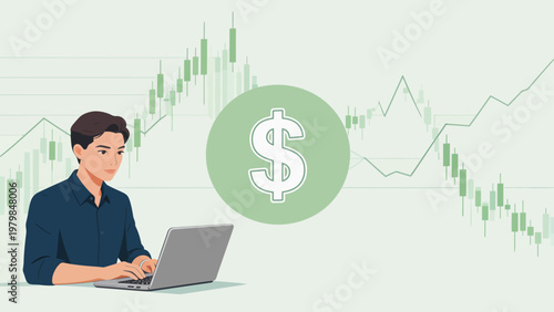 Man working on laptop with financial charts