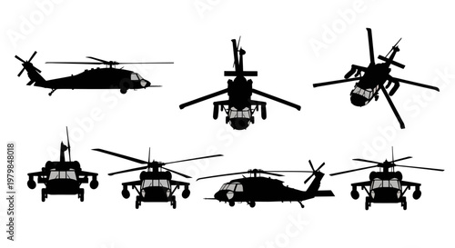 UH-60 Black Hawk Military Helicopter Silhouette Vector Collection, Top Side Front Views