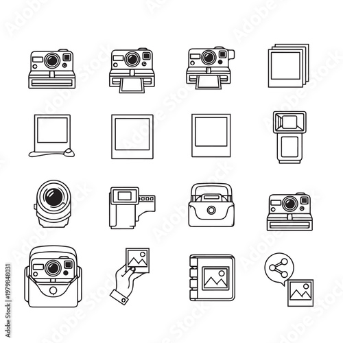 Instant Cameras and Photo Accessories Line Art IconsMinimalist Retro Photography Elements