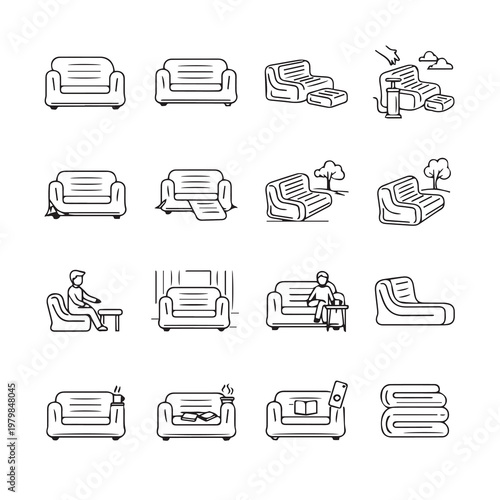 Inflatable Sofa Set Icons: Various Configurations Inflation and UsageLine Art