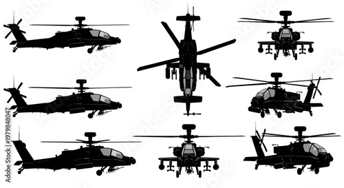 AH-64 Apache Military Gunship Helicopter Silhouette Vector Collection, Combat Aircraft Set