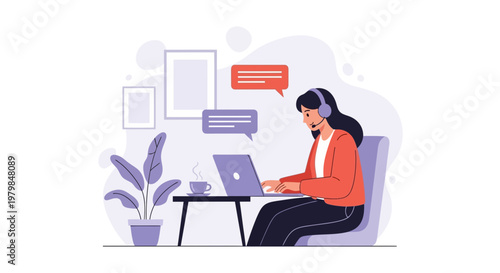 Agent customer service representative working on laptop with speech bubbles