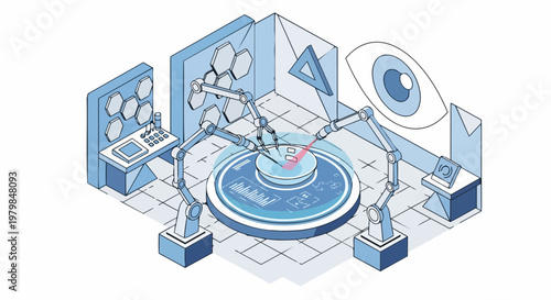 Isometric Robotic Laboratory Illustration of Automated High-Precision Nanotechnology and Biotech Research with Robotic Arms and Lasers