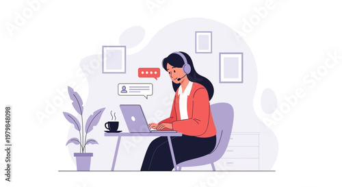 Agent customer service representative working on laptop at modern office desk