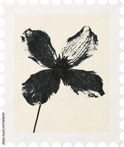 Vintage Botanical Stamp Frames Black Floral Silhouette Set Minimal Retro Nature Illustration
