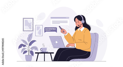 Agent customer service representative assisting client on laptop at home office