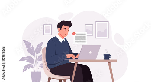 Agent providing customer service at desk with laptop and coffee