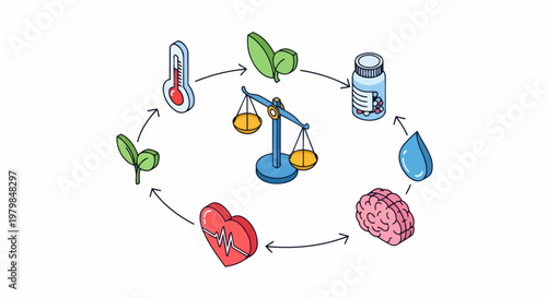 Isometric Holistic Wellness Infographic with Icons for Medical Care, Mental Health, Nature, and Physical Vitality arranged in a Circle around Scales of Balance