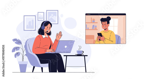 An agent customer service representative assisting a client remotely via video call on a laptop