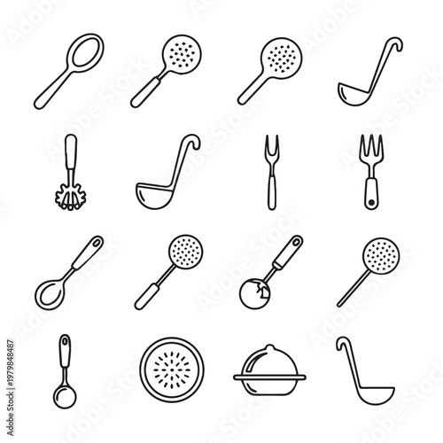 Kitchen Utensils Collection: Spoons Ladles Forks and Strainers in Clean Line Art Style