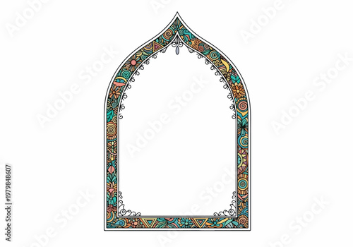 Ornate Gothic Archway Border with Intricate Ethnic Patterns and Detailed Geometric Designs, Perfect for Decorative Framing and Artistic Embellishments
