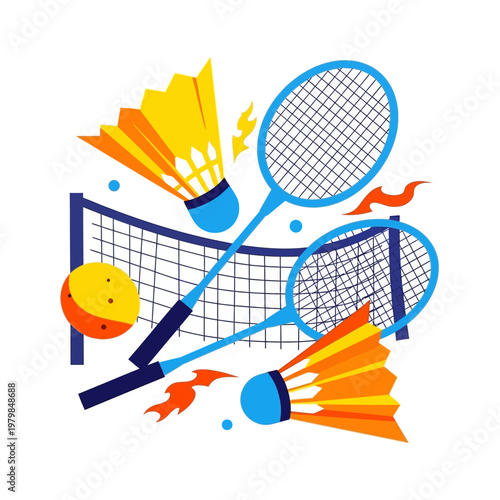 Badminton rackets, shuttlecocks, and net with energetic flames, dynamic sports illustration