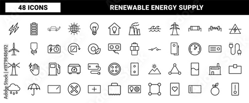 Minimalist electricity and energy line icons for industrial and green power projects