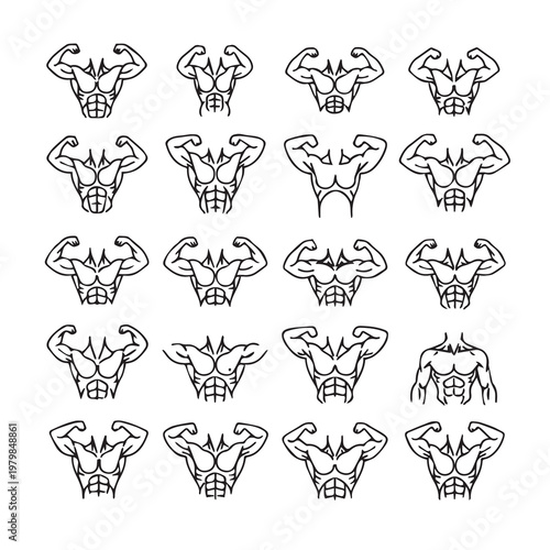 Muscular Male Torso Silhouettes Flexing Biceps Bodybuilding Poses Athletic Physique Line Art Style