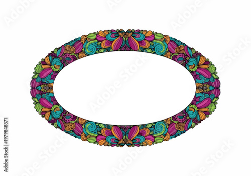 An oval-shaped frame decorated with a vibrant floral pattern, perfect for borders and designs