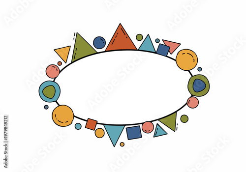 Geometric shape doodle frame with colorful circular and triangular elements for artistic design and creative backgrounds