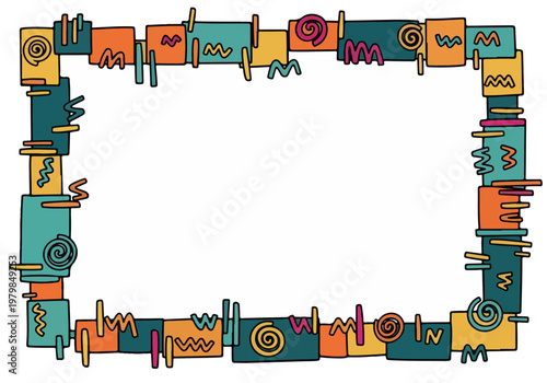 Abstract geometric decorative border with playful doodle elements in teal, orange, and yellow, perfect for invitations and crafts