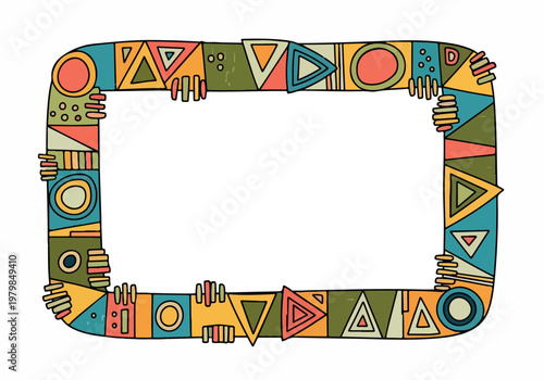 A whimsical doodle-style rectangular frame, adorned with a vibrant and eclectic assortment of geometric shapes and patterns, creating a playful and artistic border
