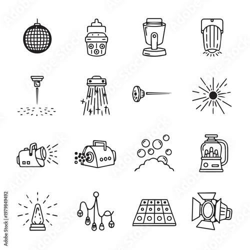 Party Lighting Effects Icons: Disco Ball Strobe Fog Machine Spotlight Bubbles LaserHand Drawn Vector Style