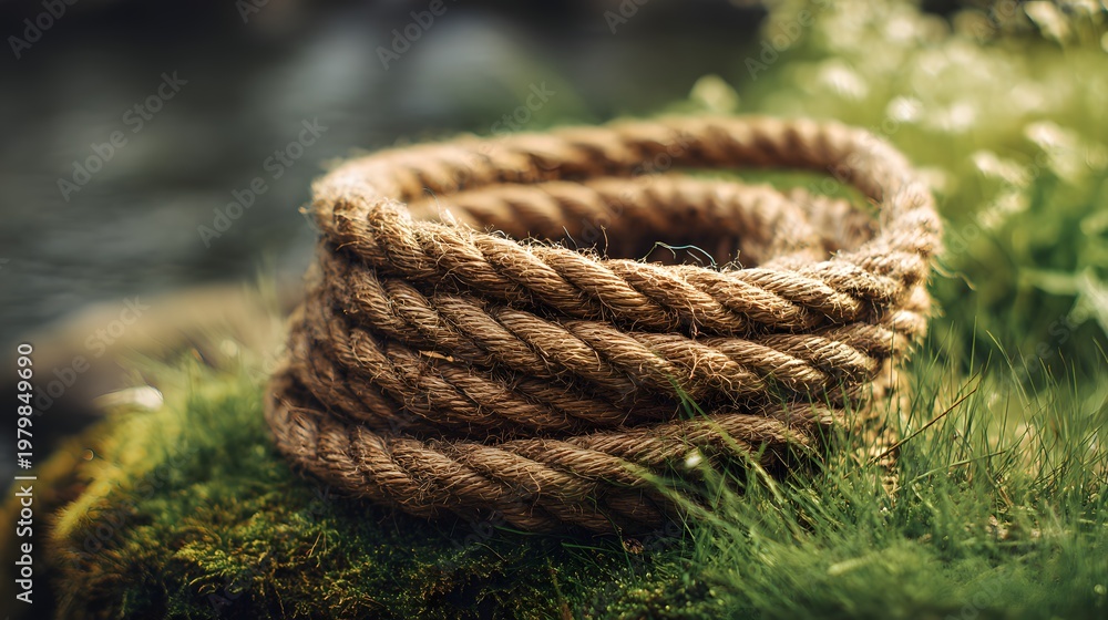 Fototapeta premium Coiled rope placed on grass.