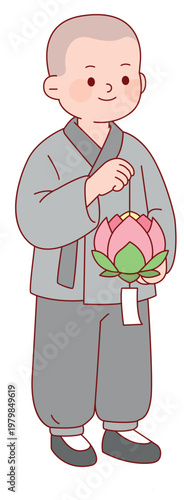 분홍색 연등을 들고 미소 짓는 귀여운 동자승 캐릭터, 석가탄신일 및 불교 행사용 축제 일러스트 Cute Little Novice Monk Character Holding a Pink Lantern and Smiling, Buddhist Festival Illustration for Vesak Day